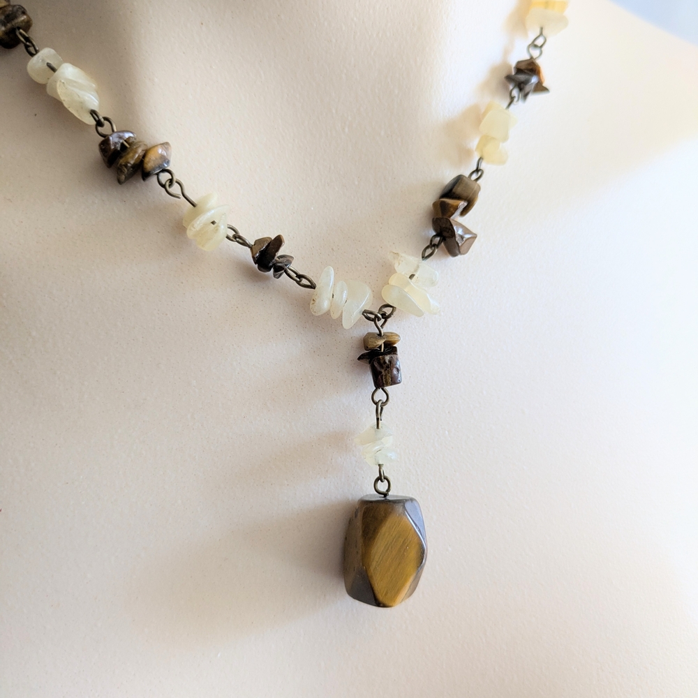 Vintage Necklace Genuine Tiger Eye and Quartz Crystal Chips Adjustable 16" - 19"